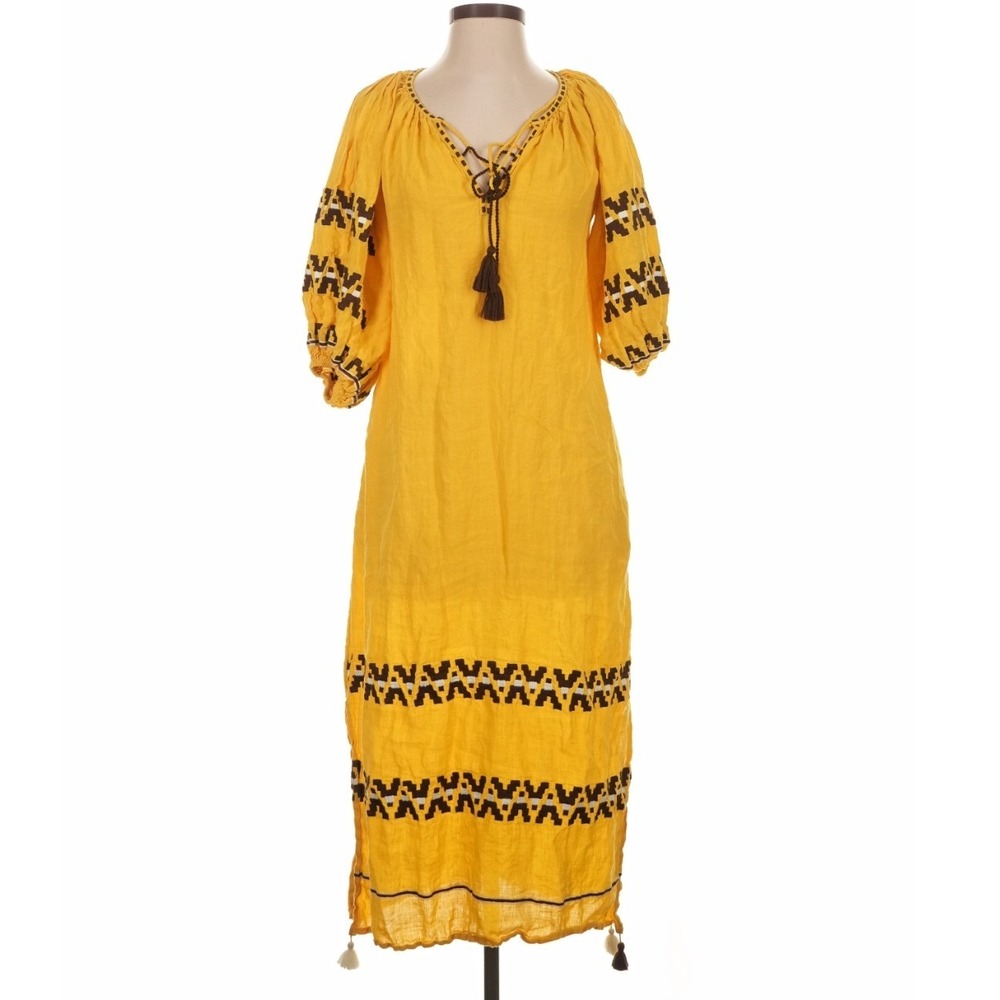 Benaras by Citrus Yellow Embroidered Linen Midi Dress Size‎ Small